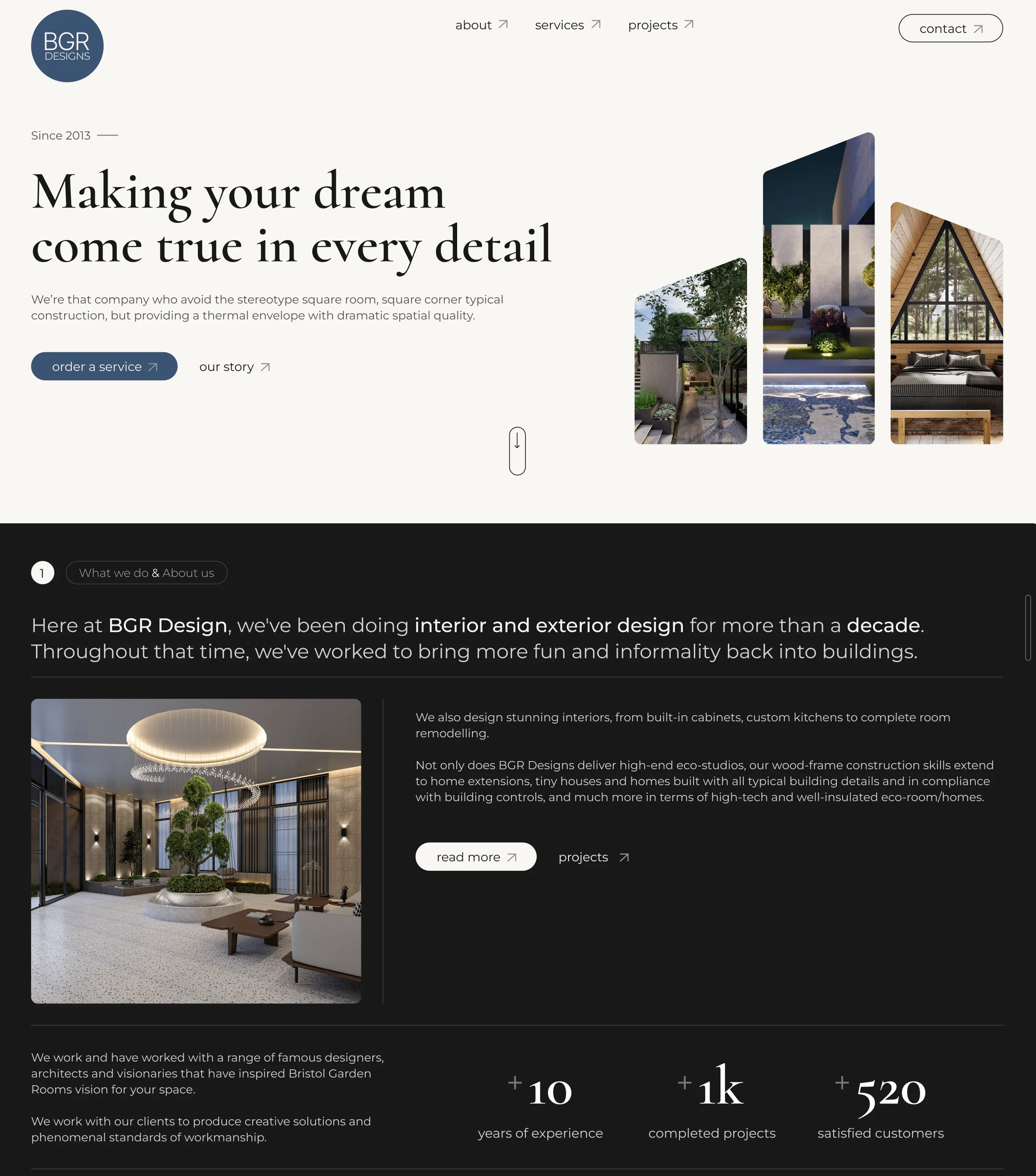 The BGR Designs homepage design, hero and opening section