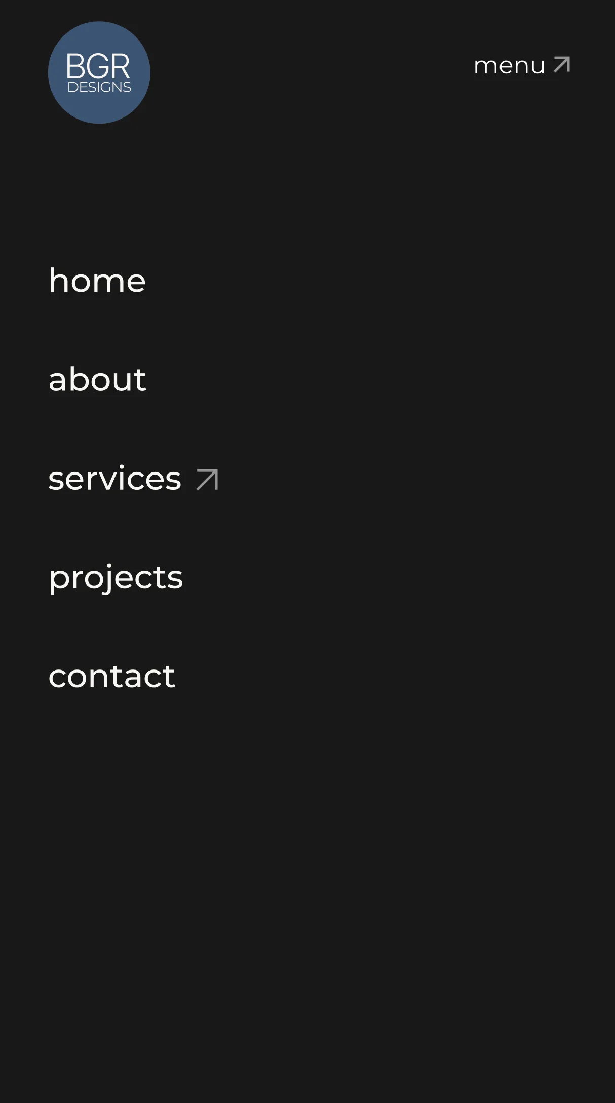 The BGR Designs navigation menu on a phone