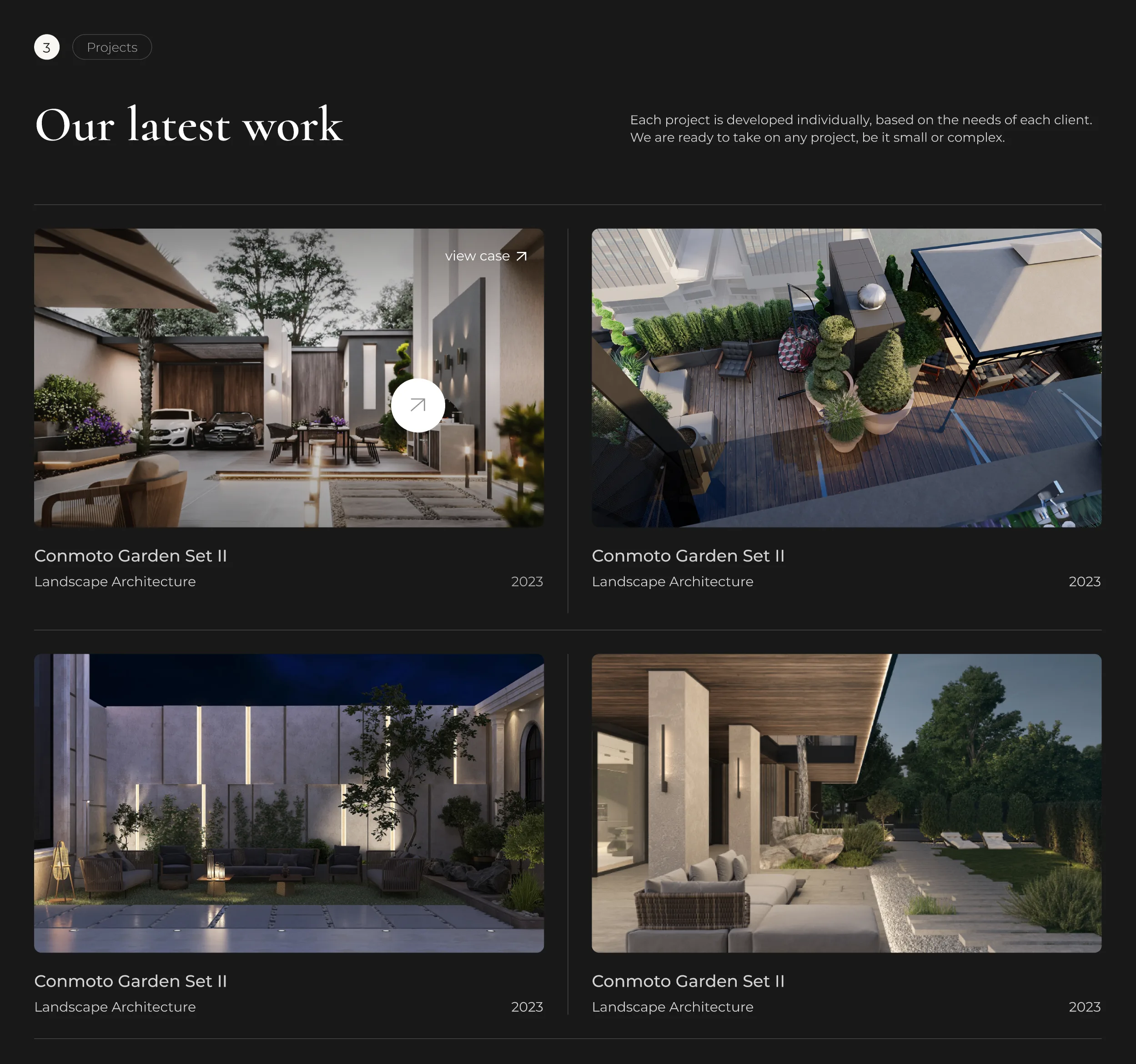 The BGR Designs projects grid, dark section