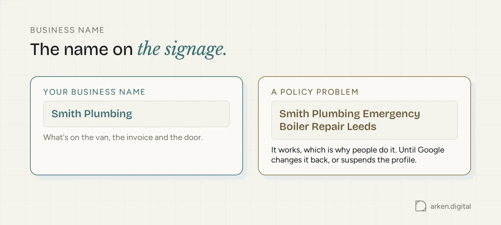 The real business name compared with a keyword-stuffed one that risks the profile