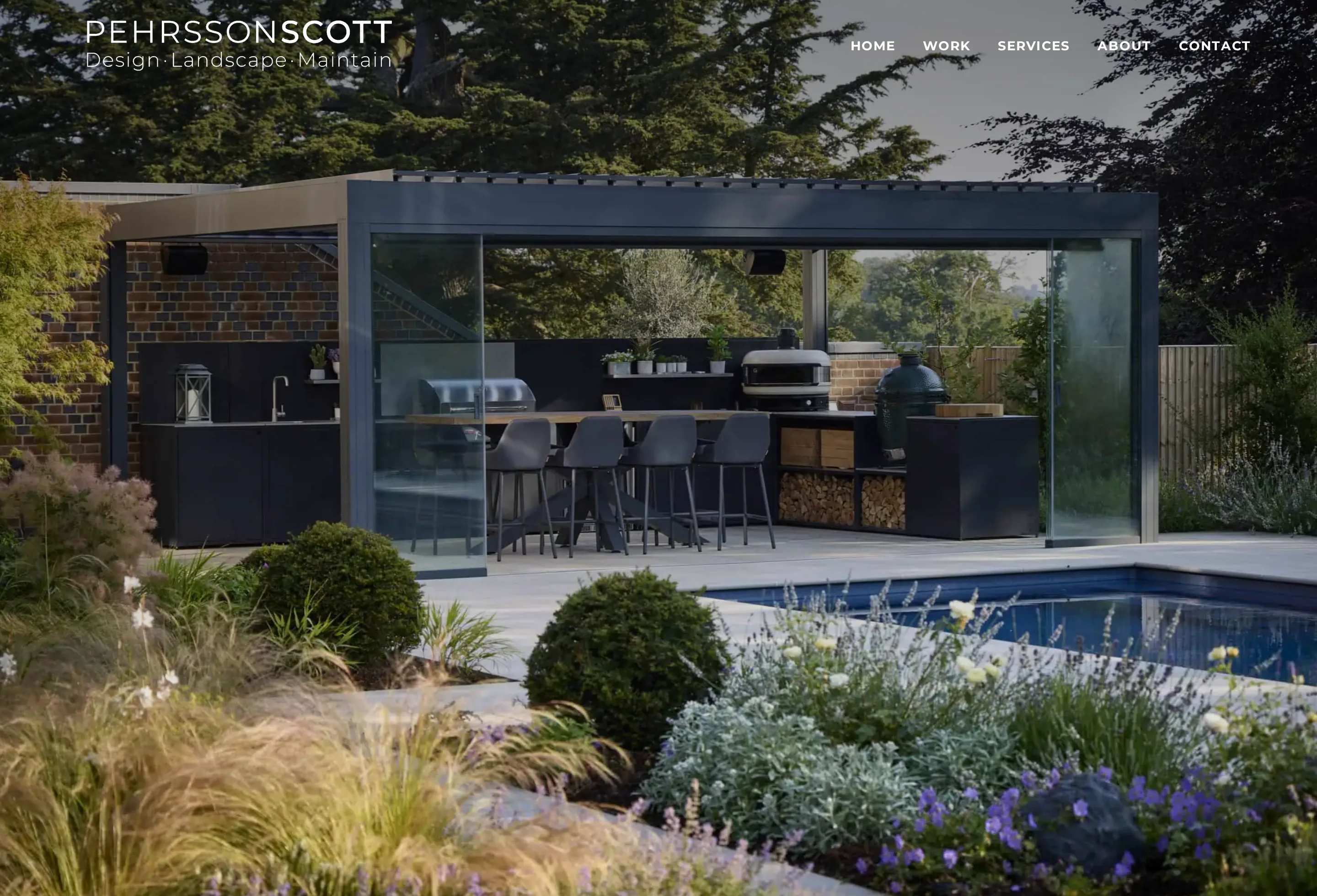 Pehrsson Scott homepage, full-bleed garden photography with the navigation over it