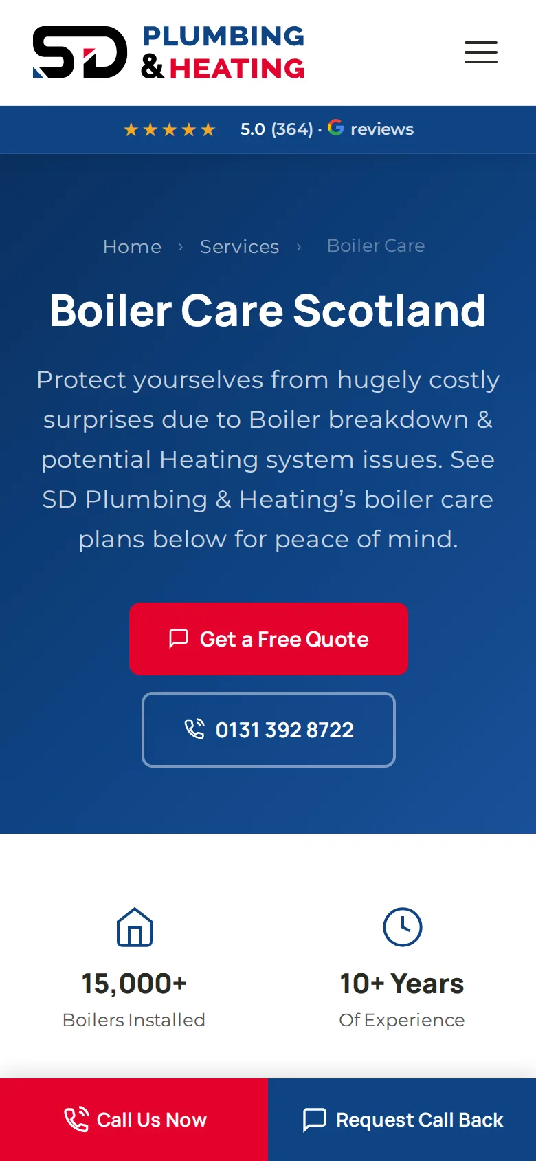 The SD Plumbing boiler care page on a phone, with the call bar pinned to the bottom