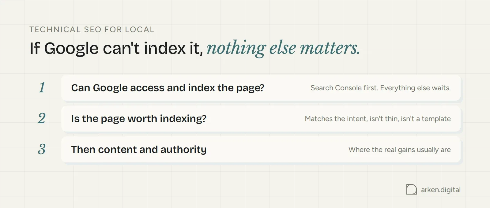 Three steps in order: can Google index the page, is it worth indexing, then content and authority