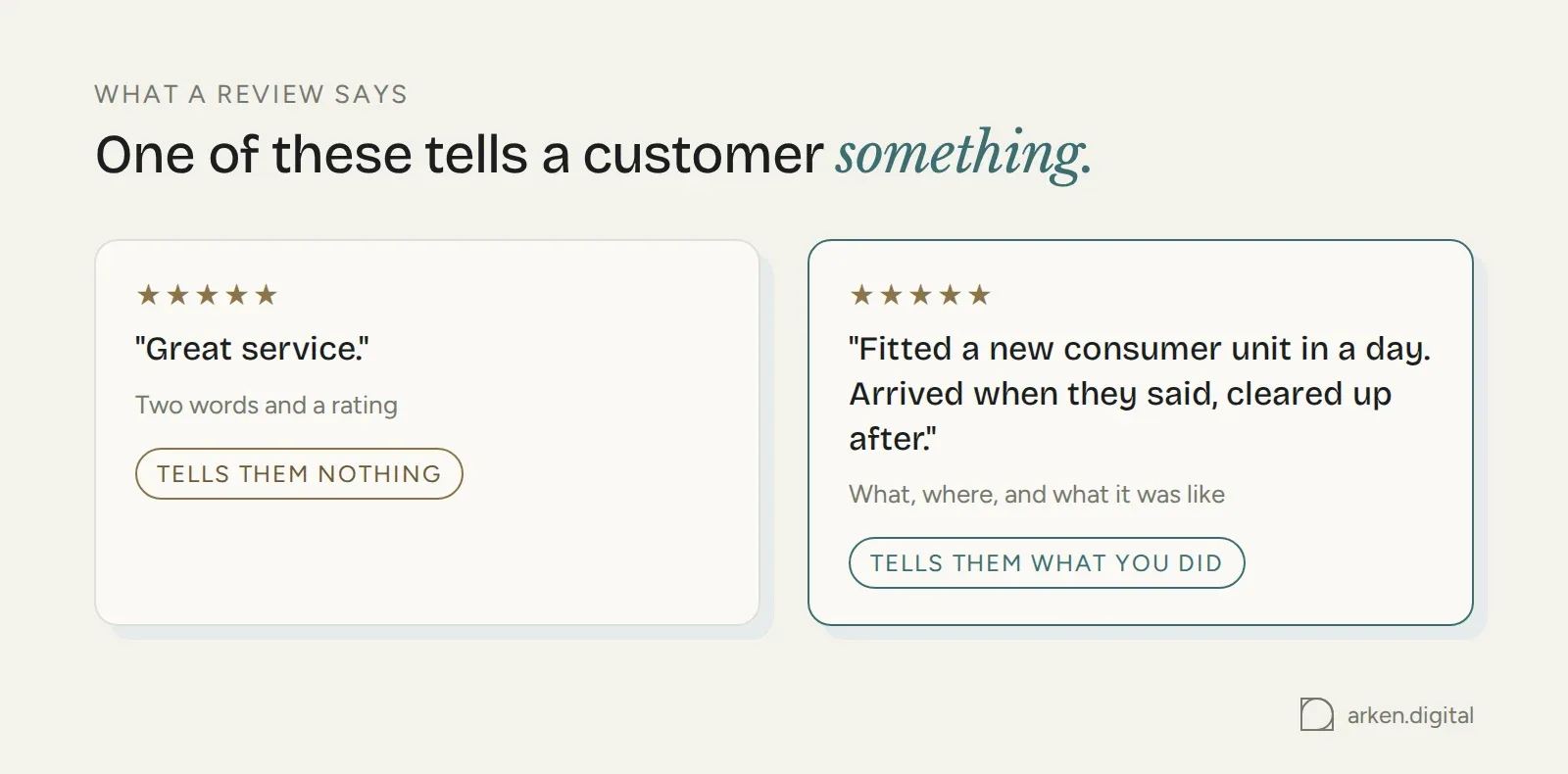 Two five-star reviews compared: "Great service" tells a customer nothing, a specific review tells them what you did